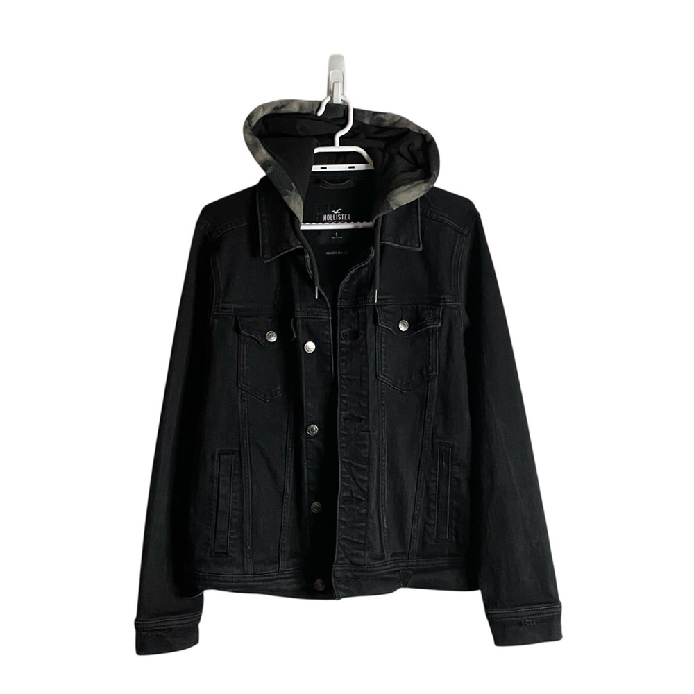 Hollister Men's Black Epic Flex Denim Button Down Hooded Jacket